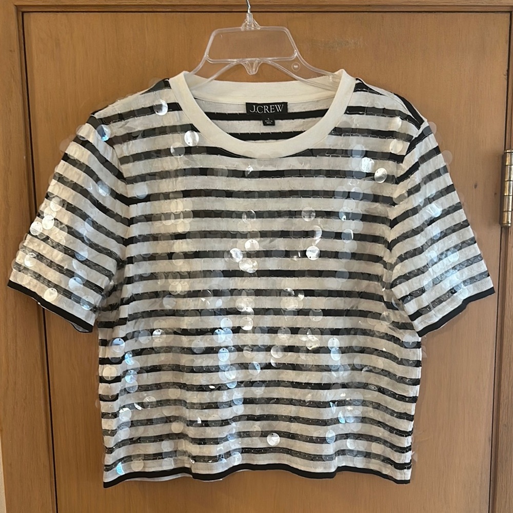 J.Crew Women’s Broken In Jersey Striped Sequin Tee Top Black White Size Small - Picture 2 of 8